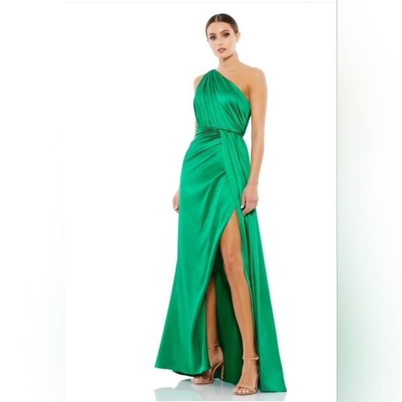 Mac Duggal Dresses & Skirts - Ieena for Mac Duggal, Gathered One Shoulder Satin Faux-wrap Gown,Emerald, Size 4